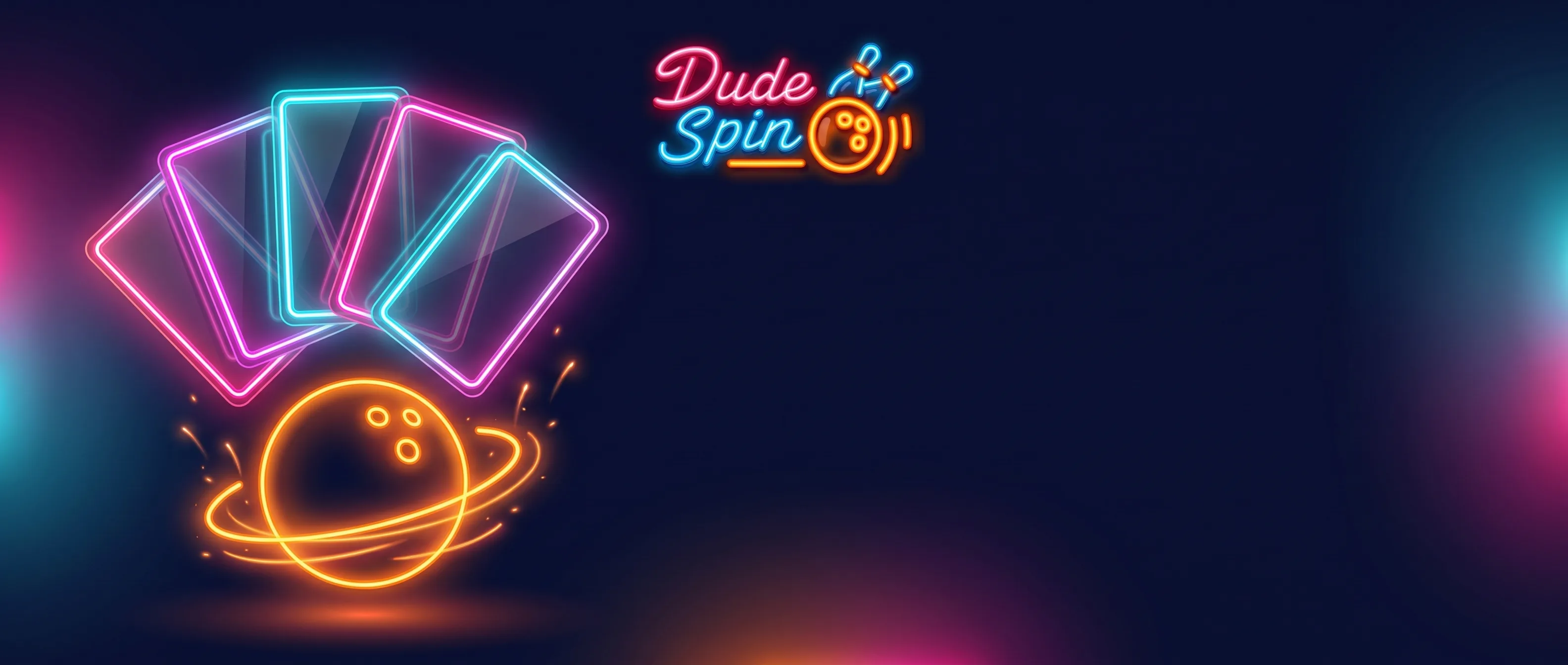 Neonowe karty i kręgle Dude Spin na granatowym tle