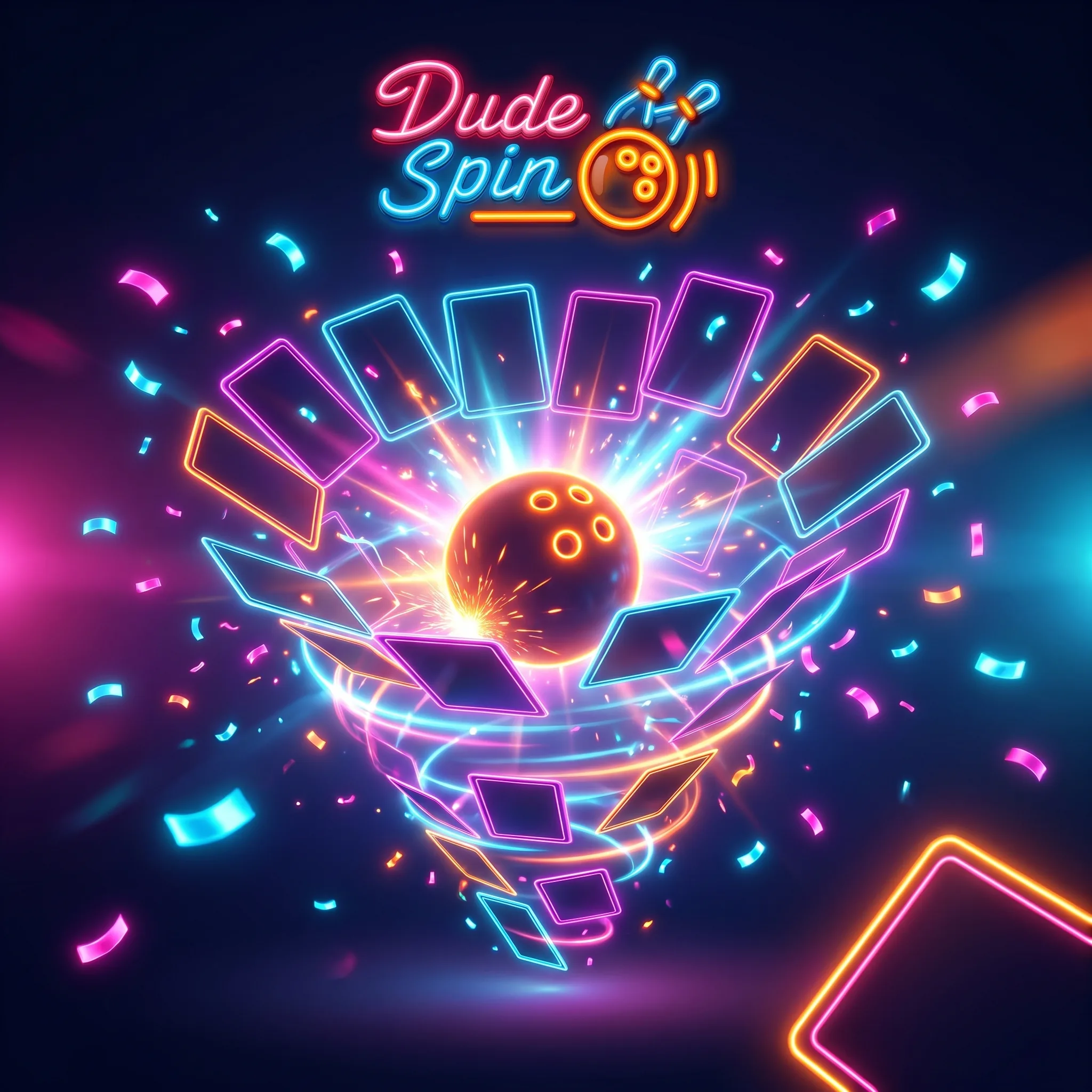 Neonowe karty i kula do kręgli promujące pakiet powitalny Dude Spin